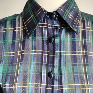 Yves St. Clair Vintage 80's Sheer Plaid Blouse Navy Blue Green Tartan Size 8